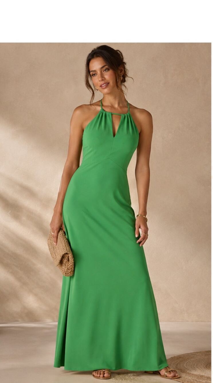 Vintage Howard Wolf Green Maxi Dress Halter Empire Waist Keyhole 70s Size 14